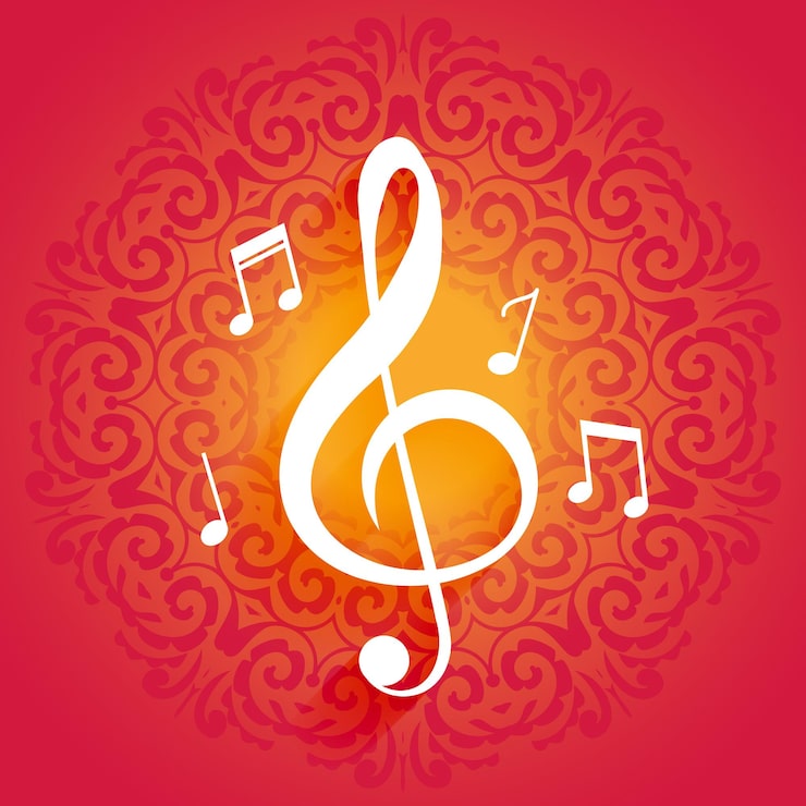 Vector gratuito notas musicales en clave de sol sobre fondo de mandala con efecto de luz.