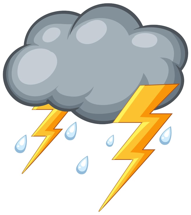 Vector gratuito nube con relámpagos y gotas de lluvia