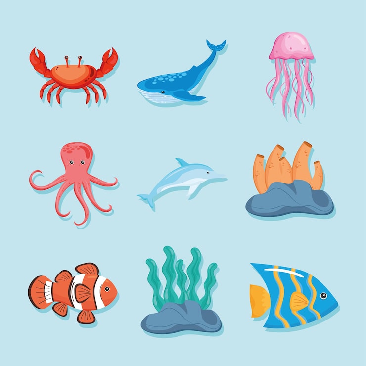 Vector gratuito nueve iconos de vida marina