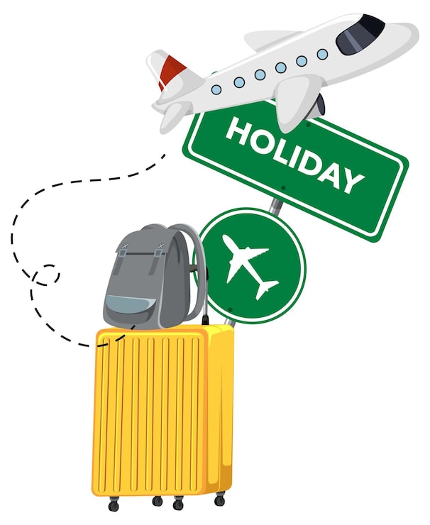 Vector gratuito objetos que viajan con avión sobre fondo blanco.