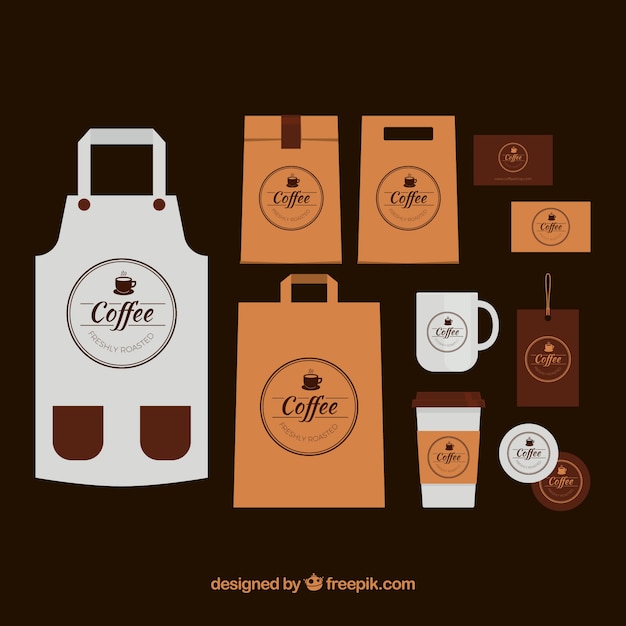 Vector gratuito pack de delantal y elementos de cafetería