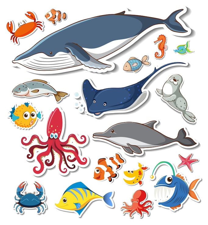 Vector gratuito pack de pegatinas de diferentes animales marinos