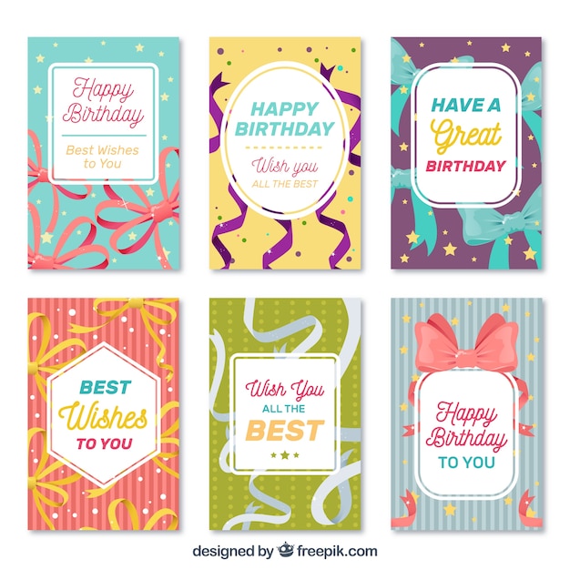 Vector gratuito pack de tarjetas de cumpleaños con serpentina