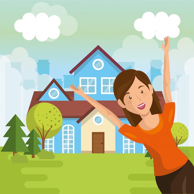 Vector gratuito paisaje con escena de casa y mujer.