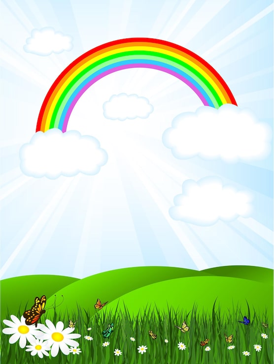 Vector gratuito paisaje soleado con cielo de arco iris y mariposas