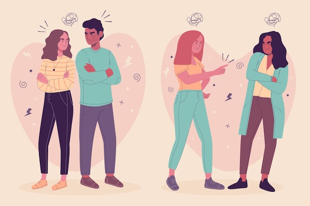 Vector gratuito parejas de pie y peleando