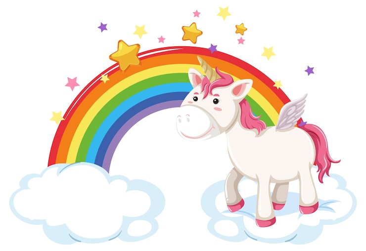 Vector gratuito pegaso rosa de pie sobre una nube con arco iris