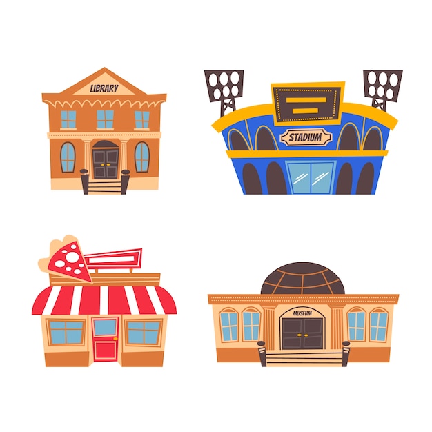 Vector gratuito pegatinas de ciudad / edificios de dibujos animados retro