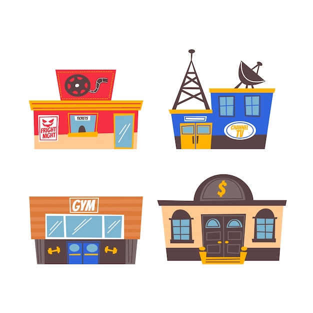 Vector gratuito pegatinas de ciudad / edificios de dibujos animados retro