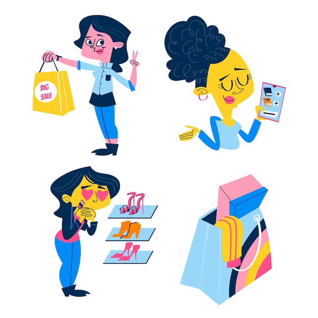 Vector gratuito pegatinas de ilustración de compras de estilo de dibujos animados