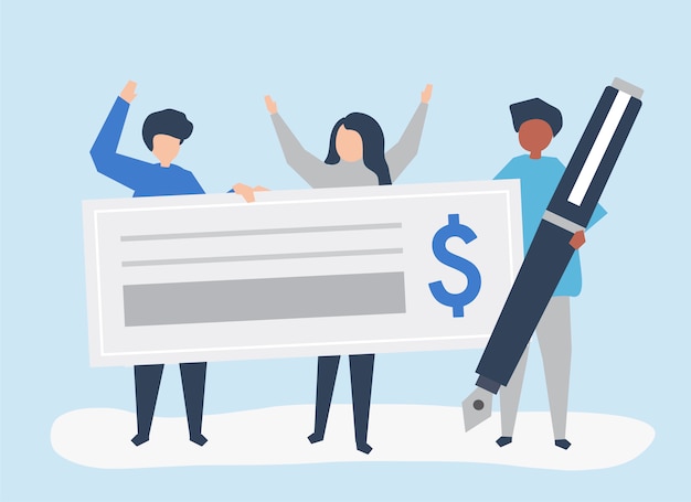 Vector gratuito personas con cheque y pluma.