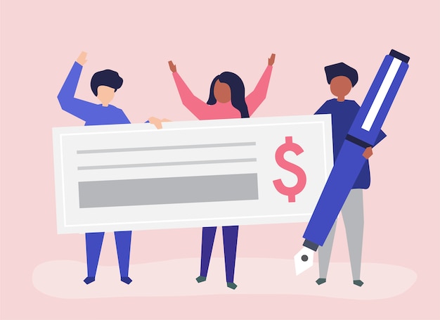Vector gratuito personas con cheque y pluma.