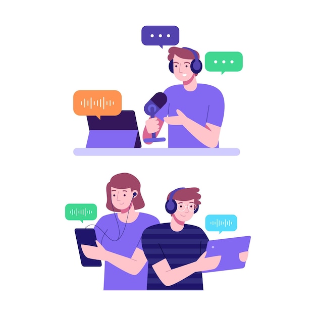 Vector gratuito personas grabando y escuchando podcasts.