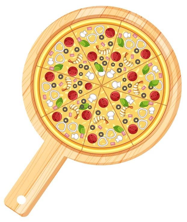 Vector gratuito pizza entera con ingredientes en tabla de servir de madera