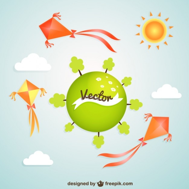 Vector gratuito planeta verde con cometas de colores