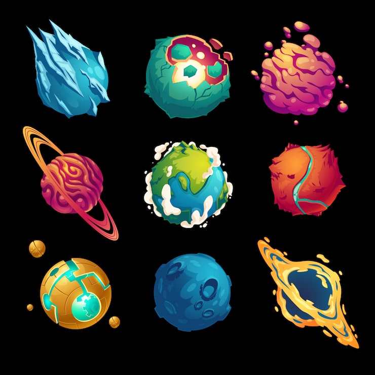 Vector gratuito planetas fantásticos dibujos animados galaxy ui juego asteroides