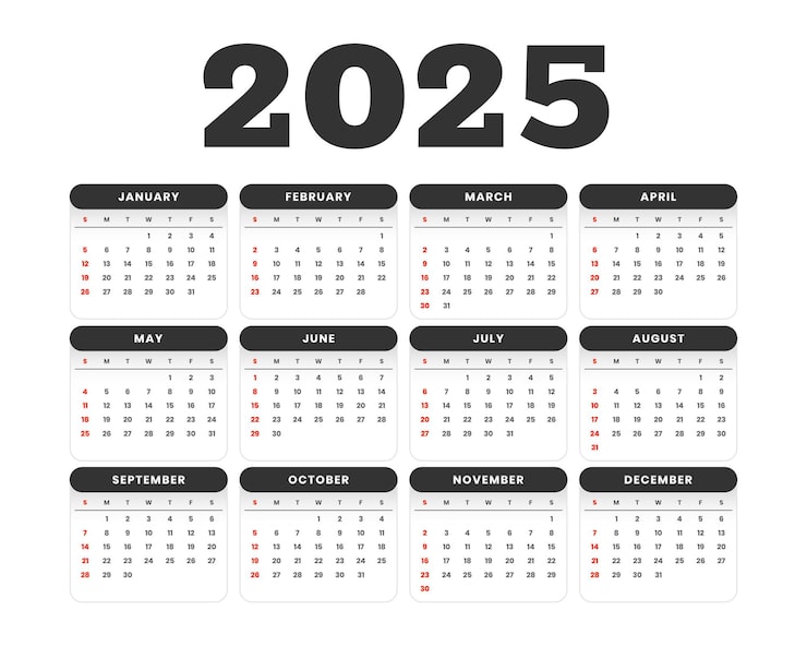 Vector gratuito plantilla de calendario de pared anual de 2025 diseño sencillo imprimible
