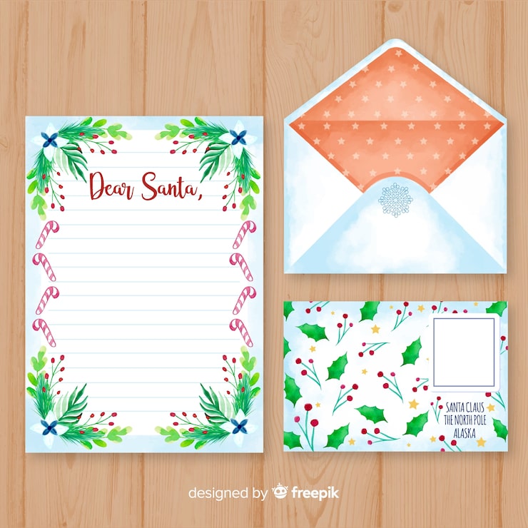 Vector gratuito plantilla de carta y sobre de navidad en acuarela
