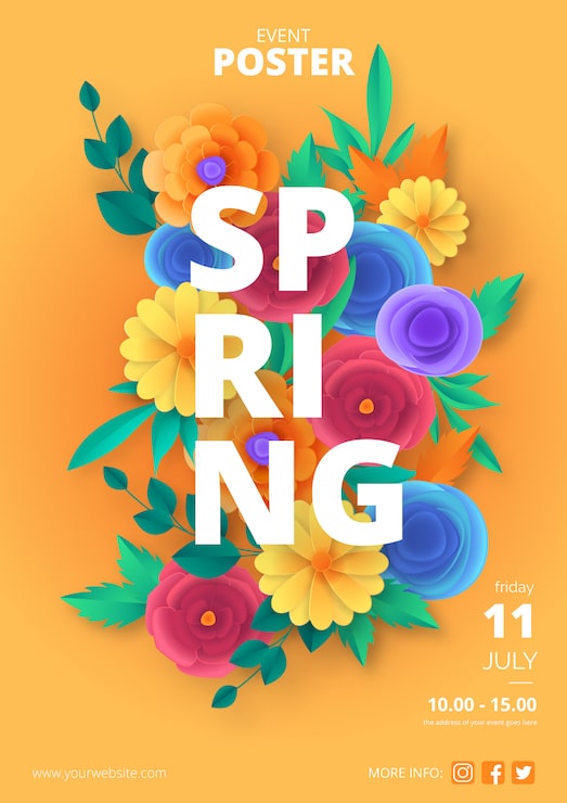 Vector gratuito plantilla del cartel de la primavera con las flores cortadas de papel coloridas