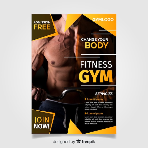 Vector gratuito plantilla de flyer de gimnasio con foto