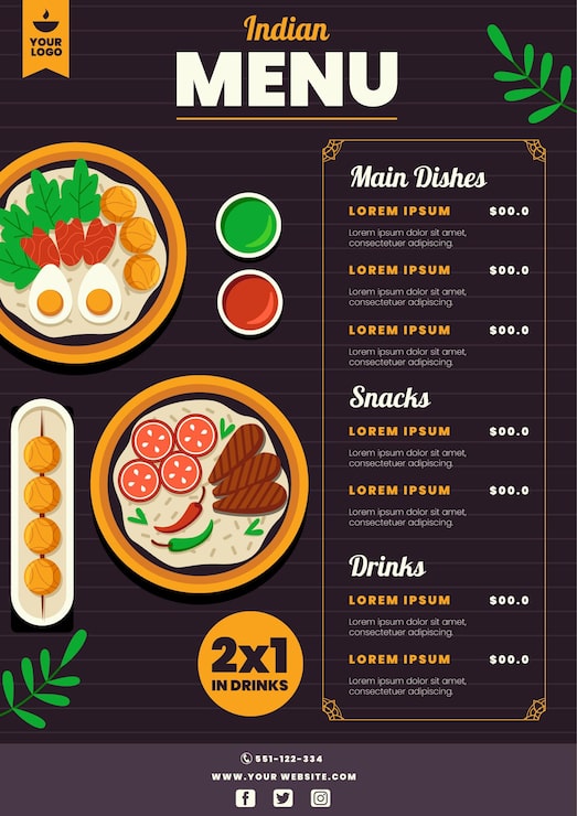 Vector gratuito plantilla de menú plano indio