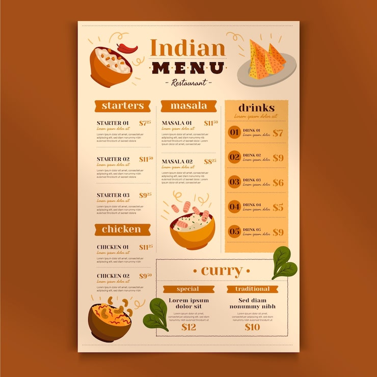 Vector gratuito plantilla de menú tradicional indio