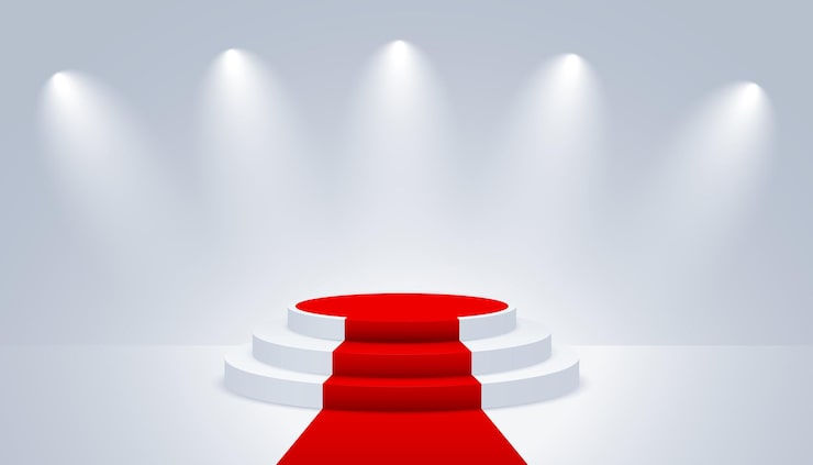 Vector gratuito podio blanco vacío con alfombra roja y focos de escenario