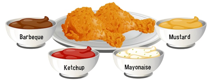 Vector gratuito pollo frito con una variedad de salsas de inmersión