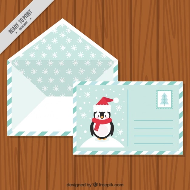 Vector gratuito postal de simpático pingüino con sobre