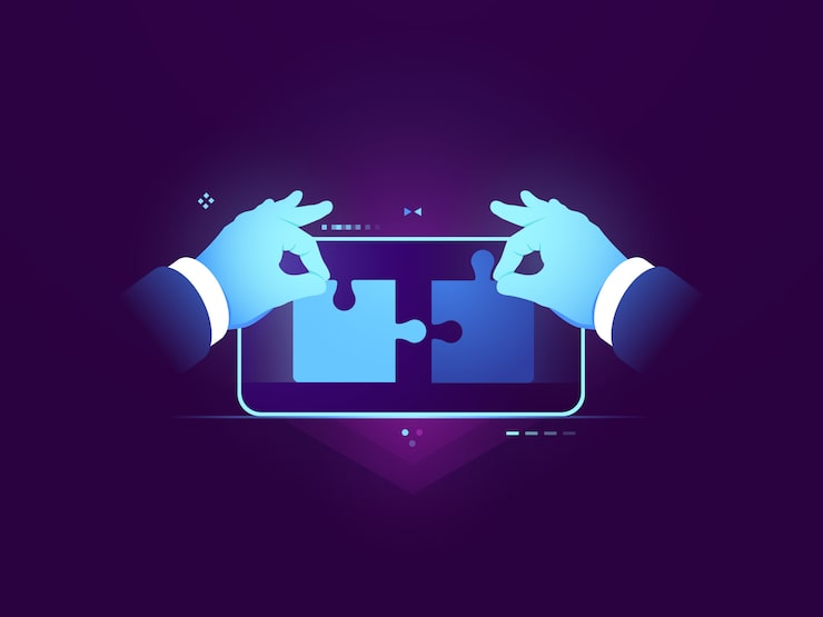 Vector gratuito pruebas de aplicaciones móviles, conexión de dos piezas de rompecabezas, ux ui concepto de desarrollo de diseño