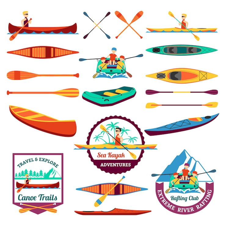 Vector gratuito rafting canoa y kayak conjunto de elementos