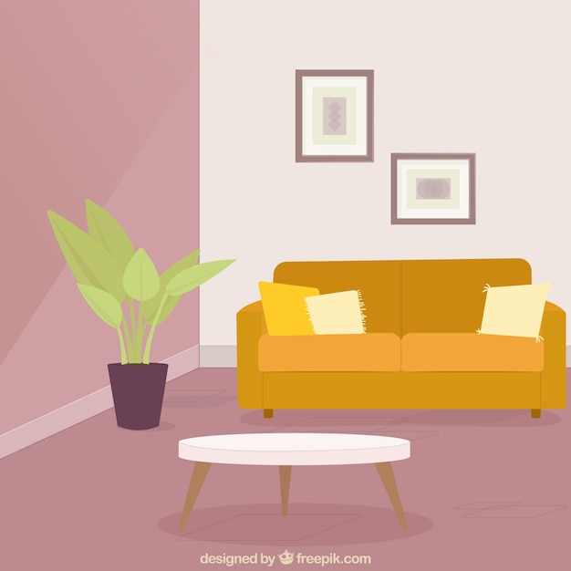 Vector gratuito sala de estar con sofá y planta