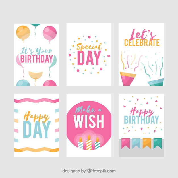 Vector gratuito seis tarjetas de cumpleaños blancas en diseño plano