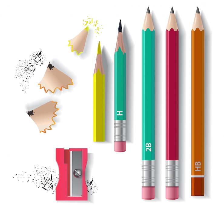 Vector gratuito set de lápices de grafito, sacapuntas y virutas de afilado. para pancartas, carteles
