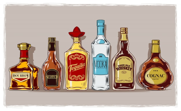 Vector gratuito vector conjunto de botellas con alcohol y copas