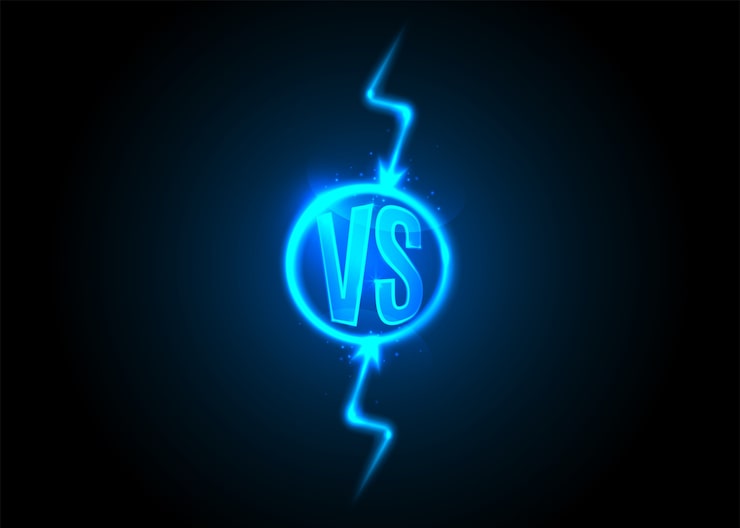 Vector gratuito versus icono. las letras vs están en círculo. rayo. trueno de dibujos animados de neón azul.