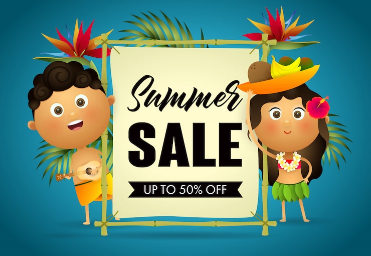 Miễn phí Vector áp phích bán lẻ mùa hè. anh chàng và cô gái người hawaii hoạt hình