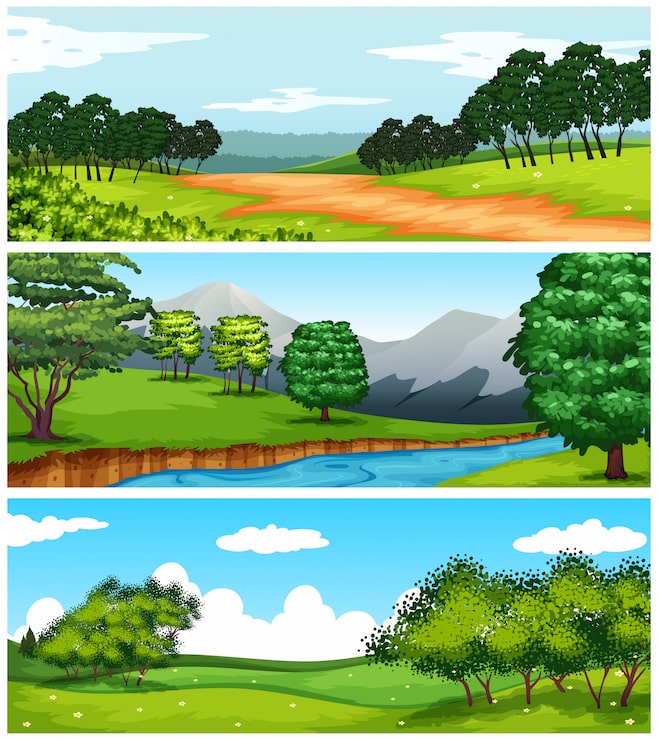 Miễn phí Vector ba cảnh thiên nhiên với cánh đồng và cây cối