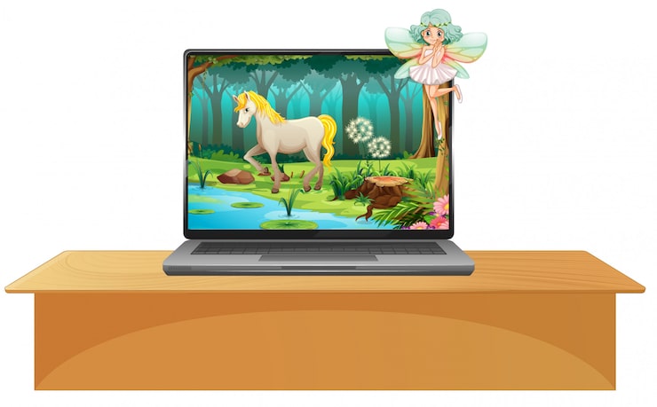 Miễn phí Vector cảnh truyện cổ tích trên màn hình laptop