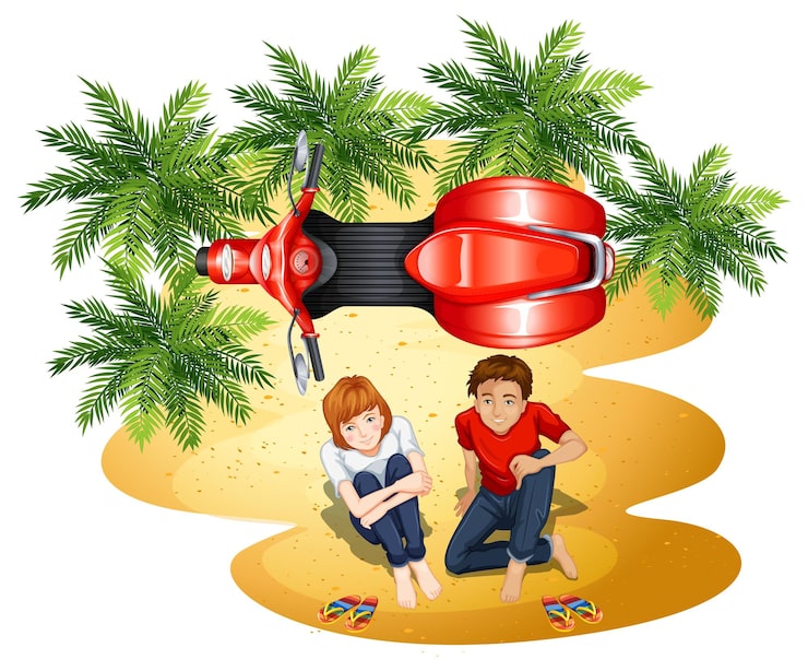Miễn phí Vector góc nhìn từ trên cao của một bé trai và một bé gái gần xe máy