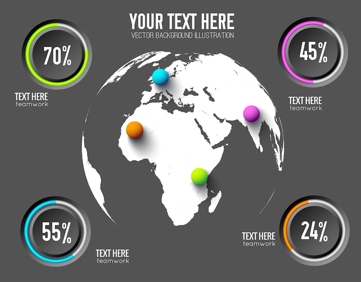 Miễn phí Vector khái niệm infographic web kinh doanh với các nút tròn, tỷ lệ phần trăm và quả bóng đầy màu sắc trên quả địa cầu