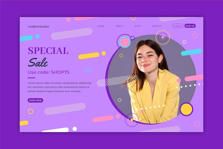 Miễn phí Vector mẫu trang đích giảm giá kiểu phẳng có hình chụp
