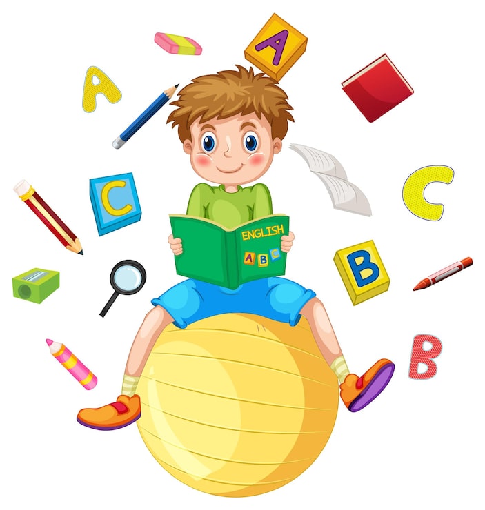 Miễn phí Vector một cậu bé đọc sách trên nền trắng