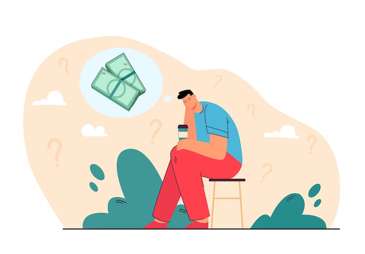 Miễn phí Vector người phá sản buồn bã nghĩ về các vấn đề tiền bạc bên tách cà phê. hình minh họa hoạt hình