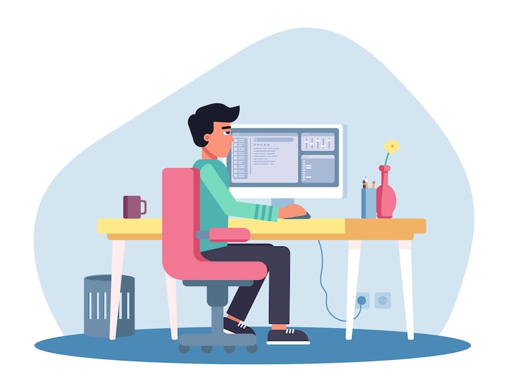 Miễn phí Vector người quản trị hệ thống hoặc lập trình viên máy tính làm việc tại máy tính