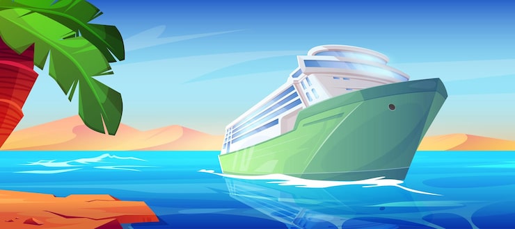Miễn phí Vector tàu du lịch trên mặt nước biển gần bãi biển hoạt hình