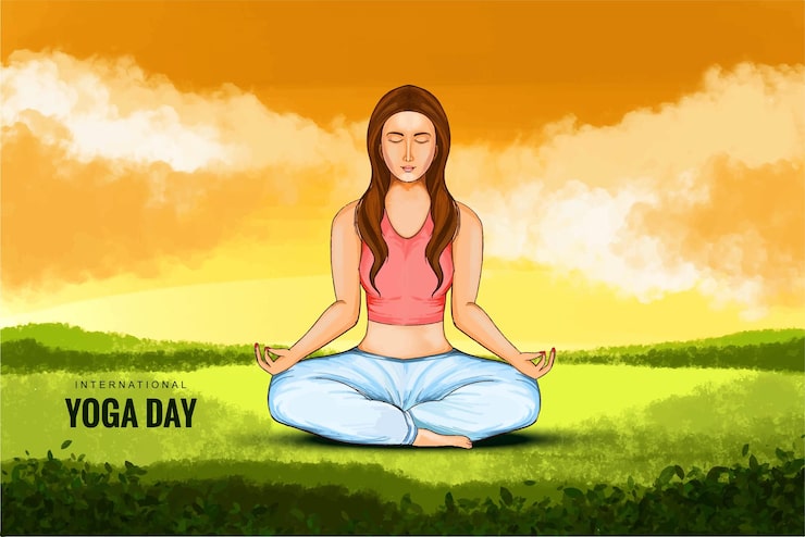 Miễn phí Vector tư thế yoga ngày quốc tế với nền áp phích phong cảnh