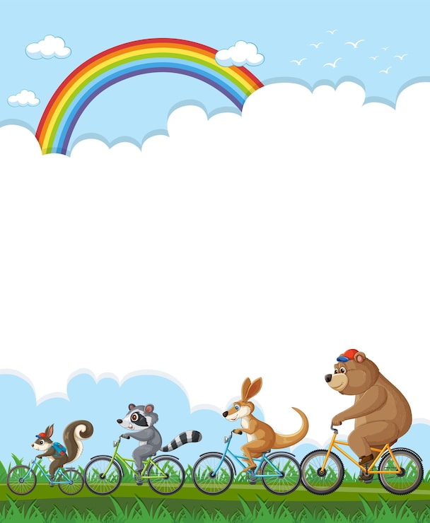Vector los animales en bicicleta bajo un arco iris