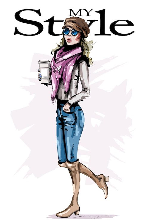 Vector chica elegante en tapa con taza de café.