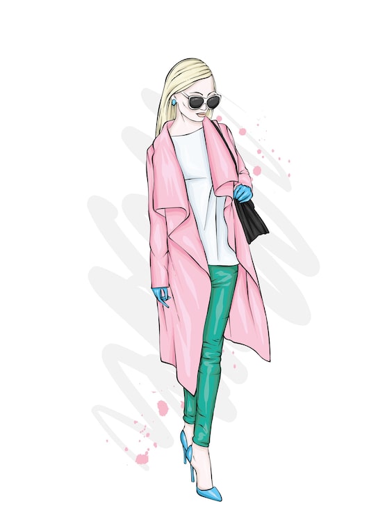 Vector chica hermosa, alta y delgada con un elegante abrigo, pantalones y gafas. mujer con estilo.